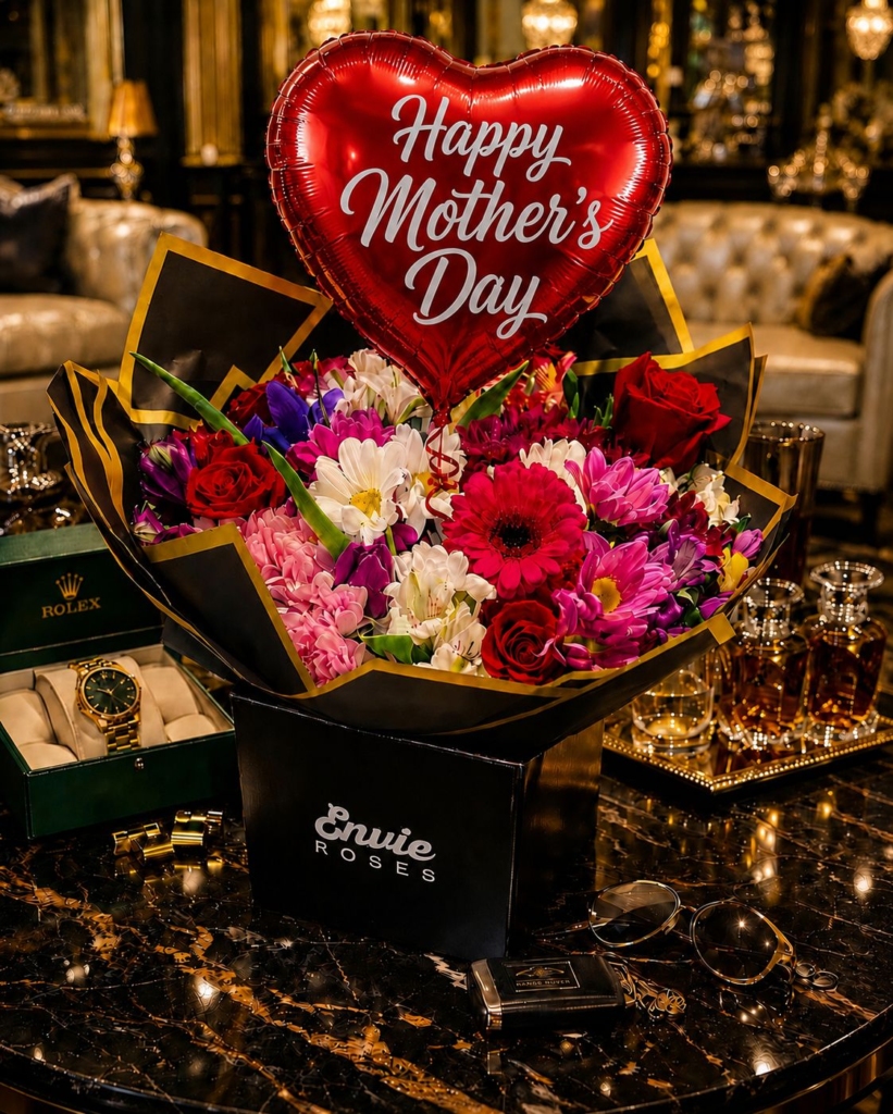 Happy Mother's Day luxury flower bouquet with red heart balloon by Envie Roses Birmingham offering same day flower delivery.