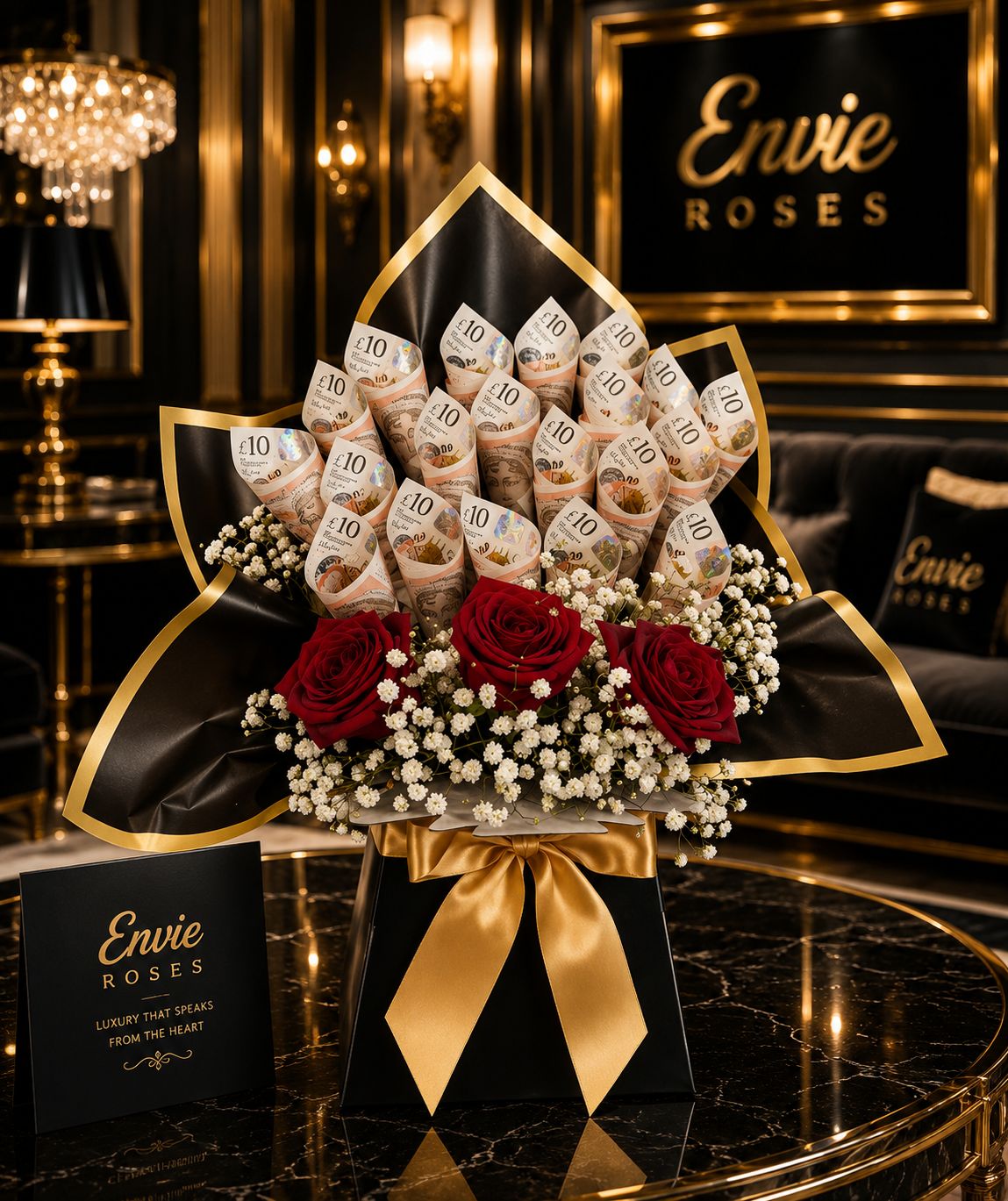 Luxury money bouquet with premium flowers and real cash notes handcrafted in the UK.