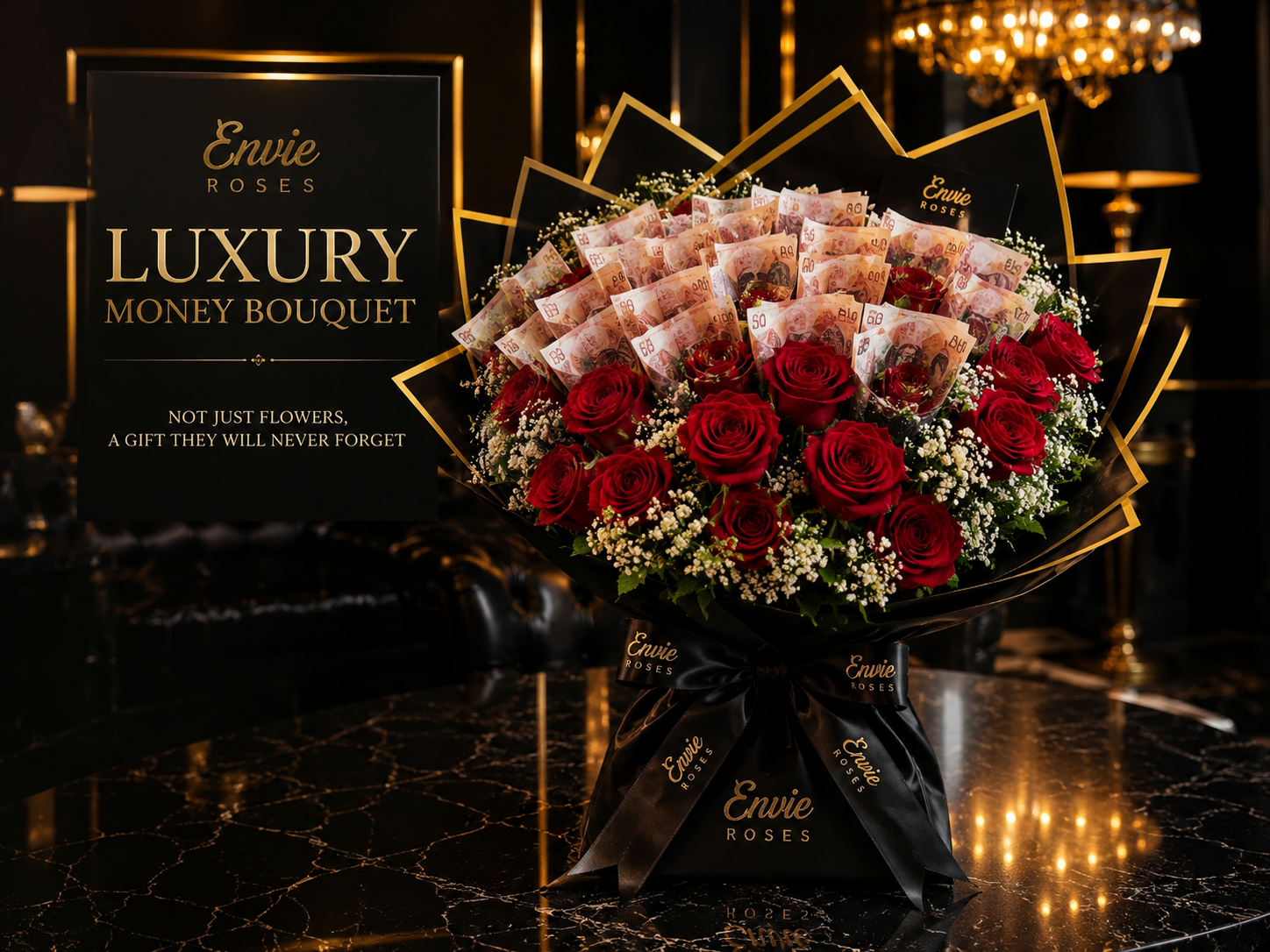 Luxury money bouquet with premium red roses and real banknotes in signature black and gold wrapping by Envie Roses Prestige Birmingham.