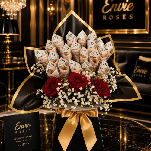 Luxury money bouquet with premium flowers and real cash notes handcrafted in the UK.