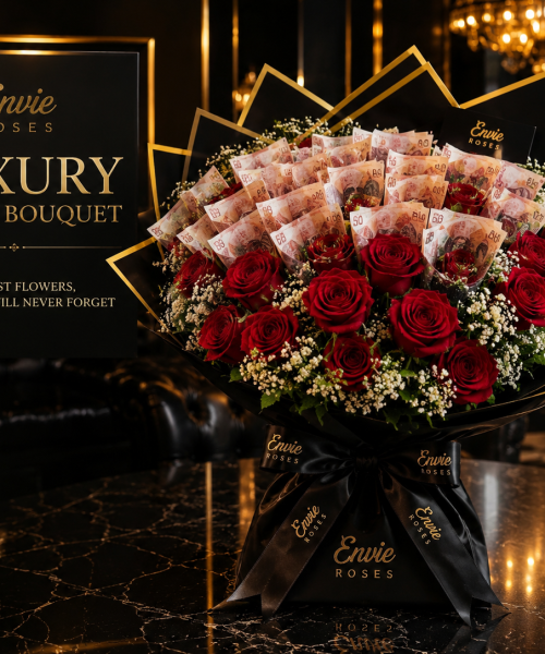 Luxury money bouquet with premium red roses and real banknotes in signature black and gold wrapping by Envie Roses Prestige Birmingham.